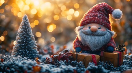 Christmas decoration with Santa Claus toy and gift box on bokeh background. Santa Claus on a small wooden sleigh with gifts. Christmas greeting card.