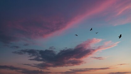 Two birds in flight against pink and purple evening sky