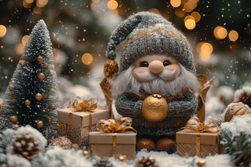 Obraz premium Christmas decoration with Santa Claus toy and gift box on bokeh background. Santa Claus on a small wooden sleigh with gifts. Christmas greeting card.