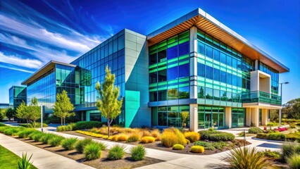 Obraz premium Modern Biotech Building in South San Francisco with Clear Blue Sky and Lush Green Surroundings