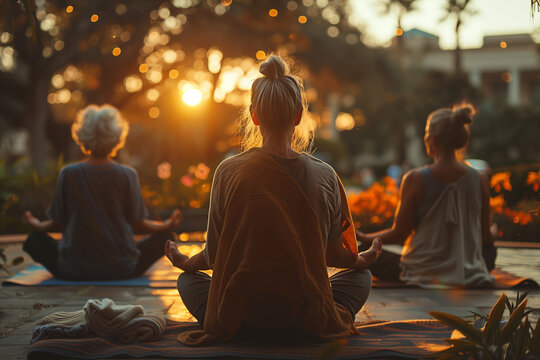 portrait of a middle age woman in the city. Senior woman makes joga and relaxes. AI Generated 