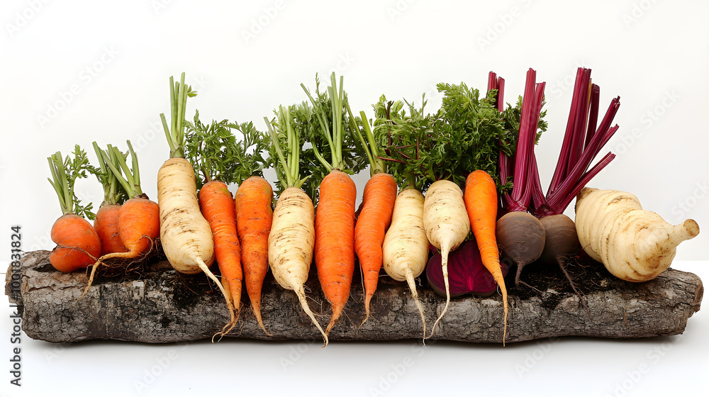 Poster carrots, beets, and parsnips arranged in a rustic display