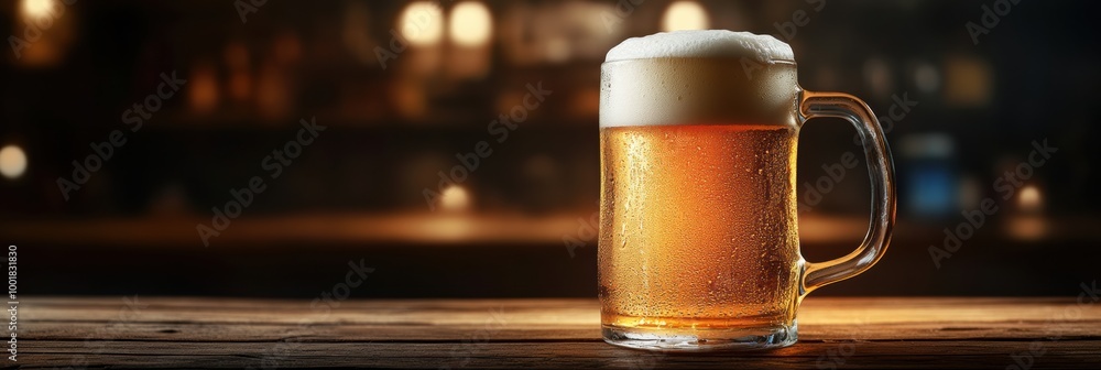 Aufkleber A close-up of a frothy beer mug overflowing with foam on a rustic wooden table in a cozy pub setting. Generative AI