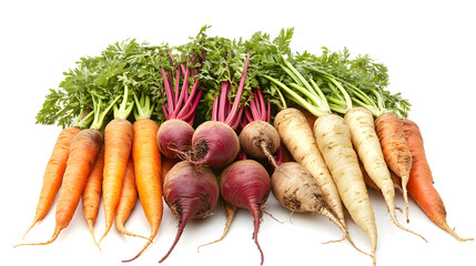 Carrots, beets, and parsnips arranged in a rustic display