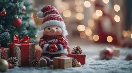 Christmas decoration with Santa Claus toy and gift box on bokeh background. Santa Claus on a small wooden sleigh with gifts. Christmas greeting card.