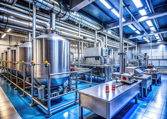 Fototapeta premium Modern Industrial Plant Equipment for Food and Beverage Production in a High-Tech Factory Setting