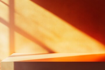  3D studio room with orange background. Empty floor and wall with product podium. Shadow overlay from window to countertop. Mockup illustration with sunlight. 