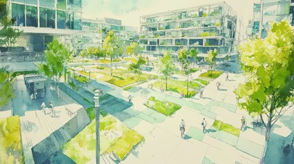 Fototapeta premium Sustainable Urban Design with Eco-Friendly Elements Featuring Green Spaces, Modern Architecture, and Renewable Energy Solutions