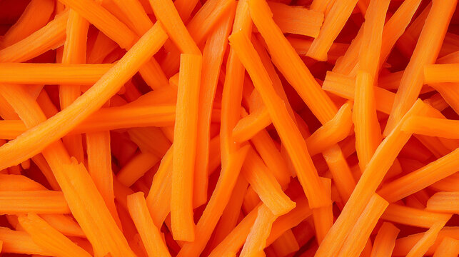 a close-up, top-down view, texture background of julienned carrots spread across the entire frame, filling the image with their vibrant orange color in thin, long strips