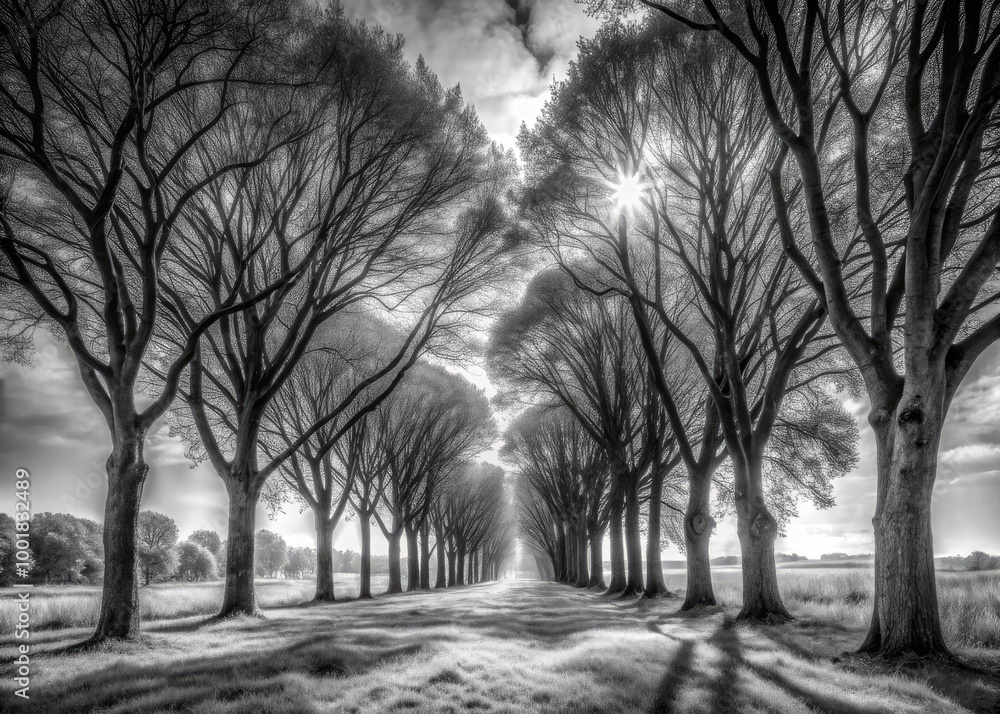 Poster monochrome grove of trees creating a serene and mysterious atmosphere in black and white tones