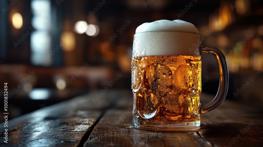 Poster A close-up of a frothy beer mug overflowing with foam on a rustic wooden table in a cozy pub during the evening. Generative AI