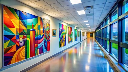 Modern University Hallway with Bright Windows and Inspirational Artwork on the Walls