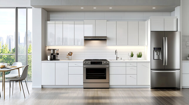 Modern kitchen with sleek white cabinets and stainless steel appliances