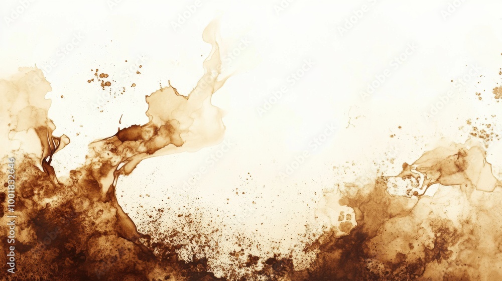 Poster dynamic abstract artwork created with coffee stains and splashes, showcasing brown hues and fluid pa