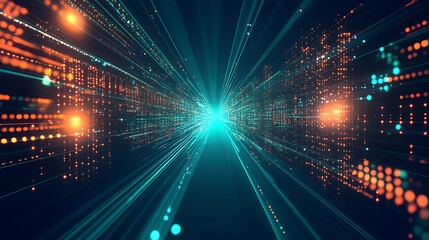 Abstract digital tunnel of binary code with glowing particles.