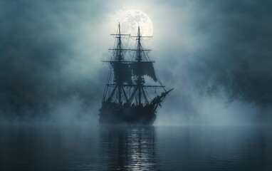 Ghostly Ship Sailing Under Full Moon in Fog