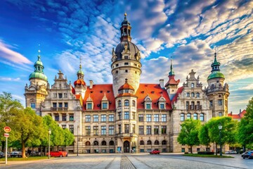Fototapeta premium Neues Rathaus in Leipzig at Wilhelm Leuschner Platz, showcasing stunning architecture and city life