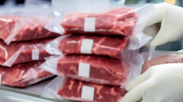 Butcher carefully arranges vacuum packed beef in a busy food processing facility, ensuring hygiene and safety standards are met. This image shows the meticulous preparation in the meat industry