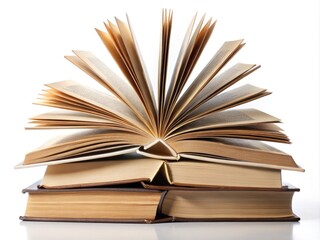Fototapeta premium Open books displaying various literary genres isolated on a clean white background for creative use
