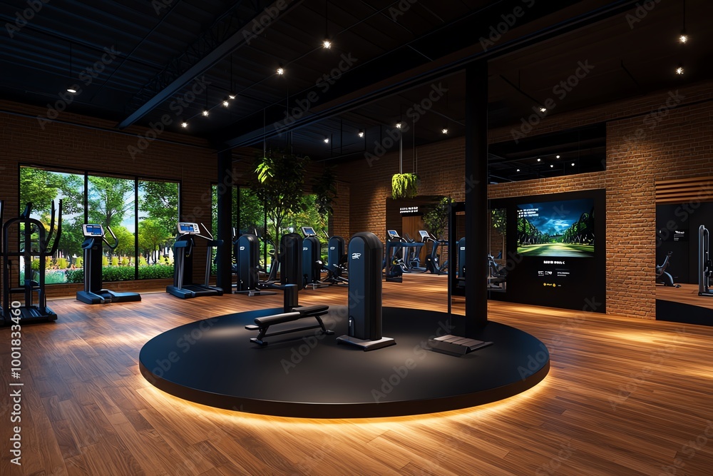 Poster 3D digital rendering of a modern gym, where users can explore the space, interact with the equipment, and even participate in virtual fitness classes in an immersive environment