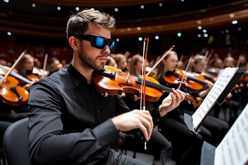 Fototapeta premium 3D digital orchestra experience, where users can choose instruments, sit in the orchestra, and experience what itâ€™s like to perform in a large concert hall