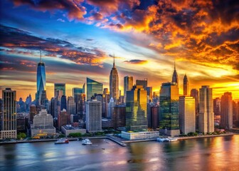 Obraz premium Outline of New York City Skyline Against a Vibrant Sunset with Colorful Skies and Urban Landscape