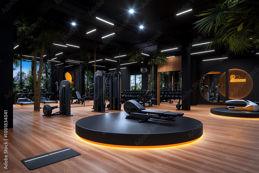 Poster 3d digital rendering of a modern gym, where users can explore the space, interact with the equipment