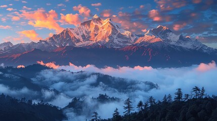 Beautiful mountain range with misty clouds at sunrise, creating a serene atmosphere 