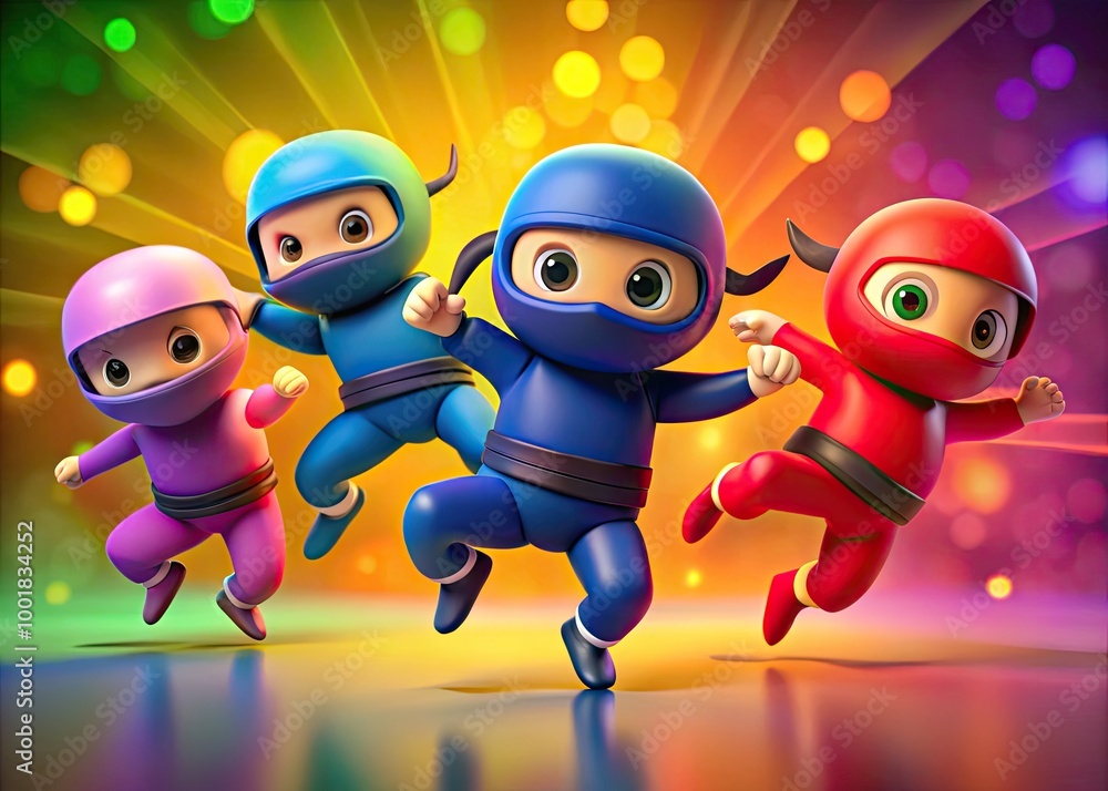 Poster playful cartoon ninjas in action with colorful backgrounds and dynamic poses for creative projects