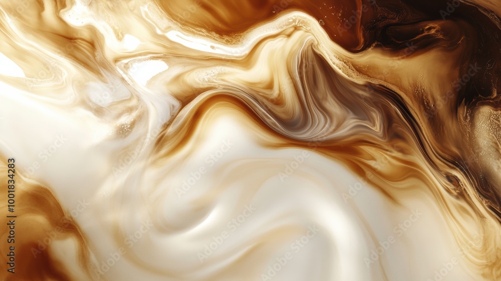 Poster a beautiful swirl of coffee blending into cream creates an artistic abstract pattern in a warm, invi