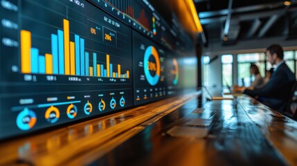 Business team in a meeting room discussing charts and graphs on a digital screen 