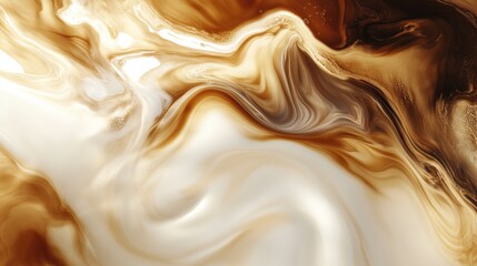 A beautiful swirl of coffee blending into cream creates an artistic abstract pattern in a warm, inviting setting. Generative AI