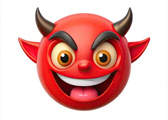 Fototapeta premium Playful Emoji Devil Character with Horns, Grinning Face, and Mischievous Expression on White Background