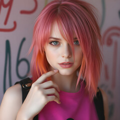 Una joven con un cabello fabuloso, combinando rosa y naranja.