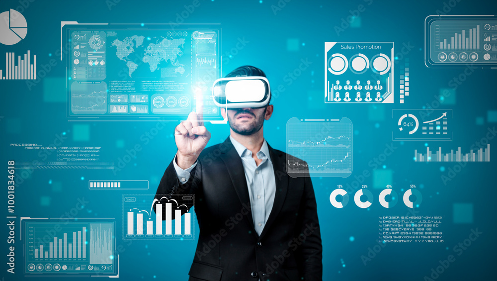 Aufkleber skilled business man looking data analysis while planning strategy by using visual reality glasses. 
