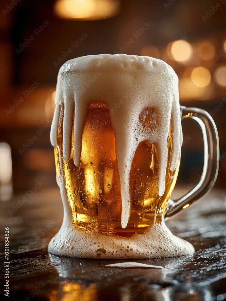 Poster A close-up view of a frothy beer mug spilling over on a rustic wooden table in a cozy tavern ambiance. Generative AI