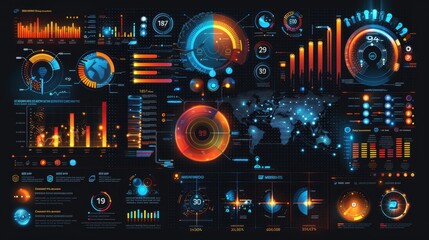 Colorful vector infographic template with pie charts, bar graphs, and icons for data presentation 