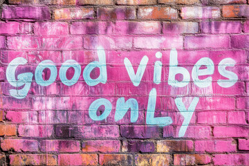 Graffiti on a brick wall, "good vibes only"