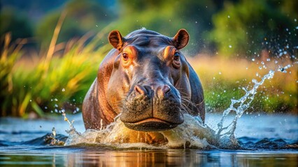 Fototapeta premium Playful Hippopotamus in Water Releasing Waste in Natural Habitat, Showcasing Unique Behavior