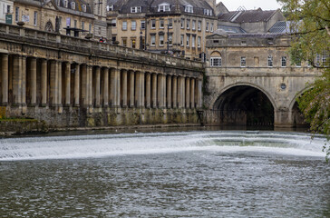 Pulteney Weir a famous World Heritage site on the River Avon in Bath, Somerset, England.