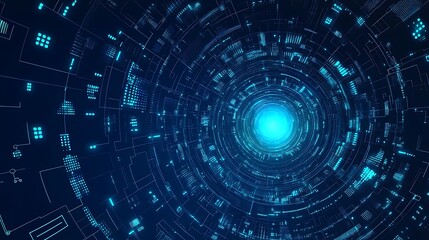 Obraz premium Abstract digital tunnel with glowing blue light and data patterns.