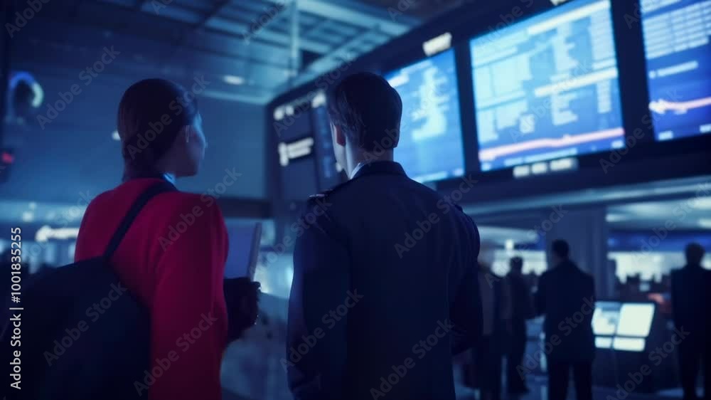 Poster pilot and a flight attendant are checking the timetable at the airport, ensuring a smooth and timely