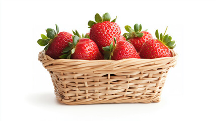 Basket filled with fresh, ripe strawberries on white background. strawberries are vibrant red with green leaves, creating visually appealing and delicious image