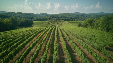Drone shot of a vineyard with rows of grapevines on a sunny day 