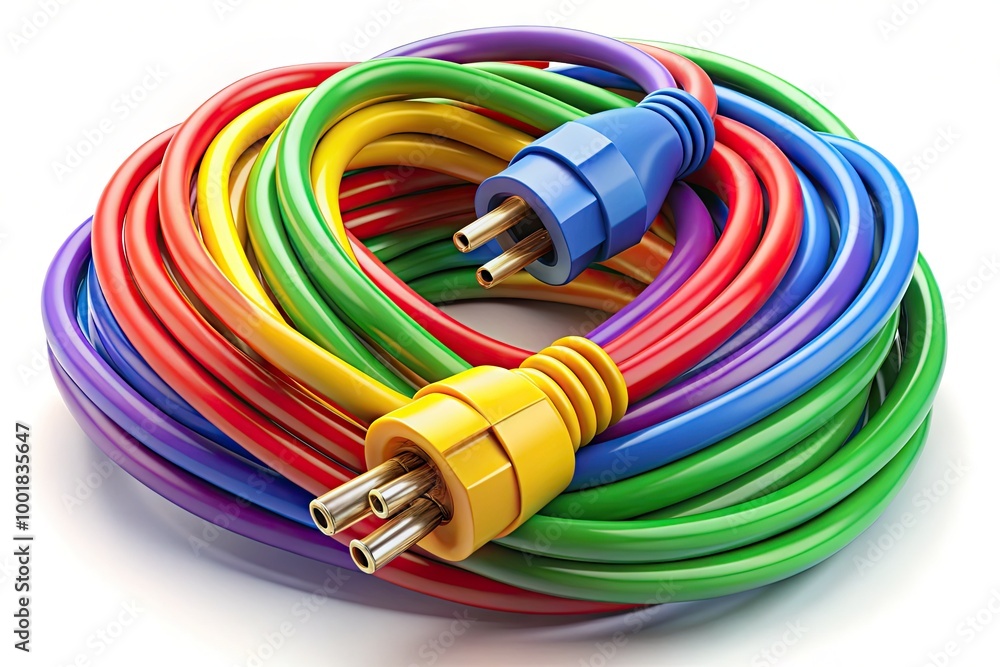 Poster realistic 3d render of multi-color electrical cord with connectors on a white background