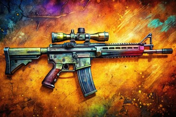 Realistic hand-drawn illustration of a firearm on a textured background, showcasing detailed features