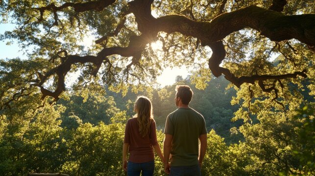 A man and woman gaze upwards towards the expansive branches of an ancient oak tree in a lush forest. Soft sunlight filters through the leaves, creating a magical atmosphere - Powered by Adobe
