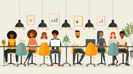 Flat vector illustration of diverse business people working together in an office environment 