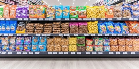 Grocery Store Snack Aisle with Variety of Packaged Snacks