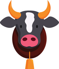 Cartoon cow head with bell hanging on wooden plaque, farm animal head isolated on white background